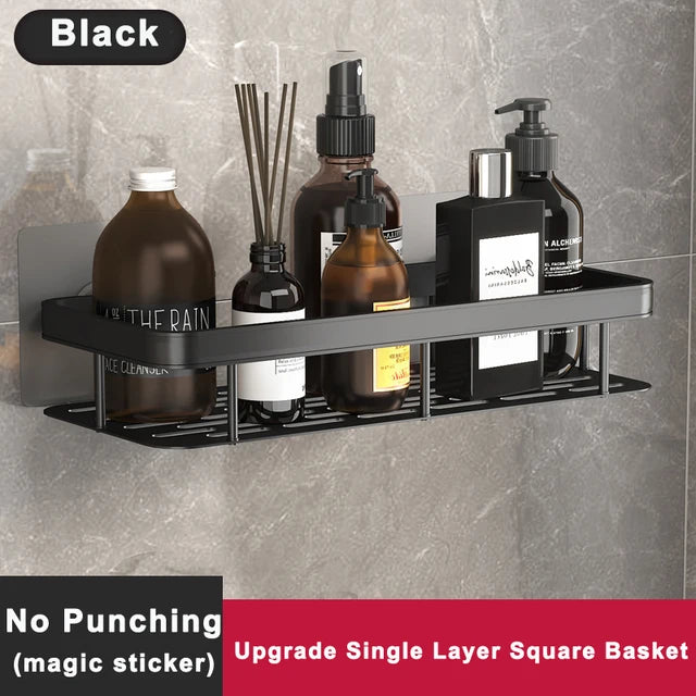 Bathroom Shelf No Drilling Sticker Wall Mounted Rack Hanger Space Aluminum Makeup Organizer Storage Square Basket Bath Shelves