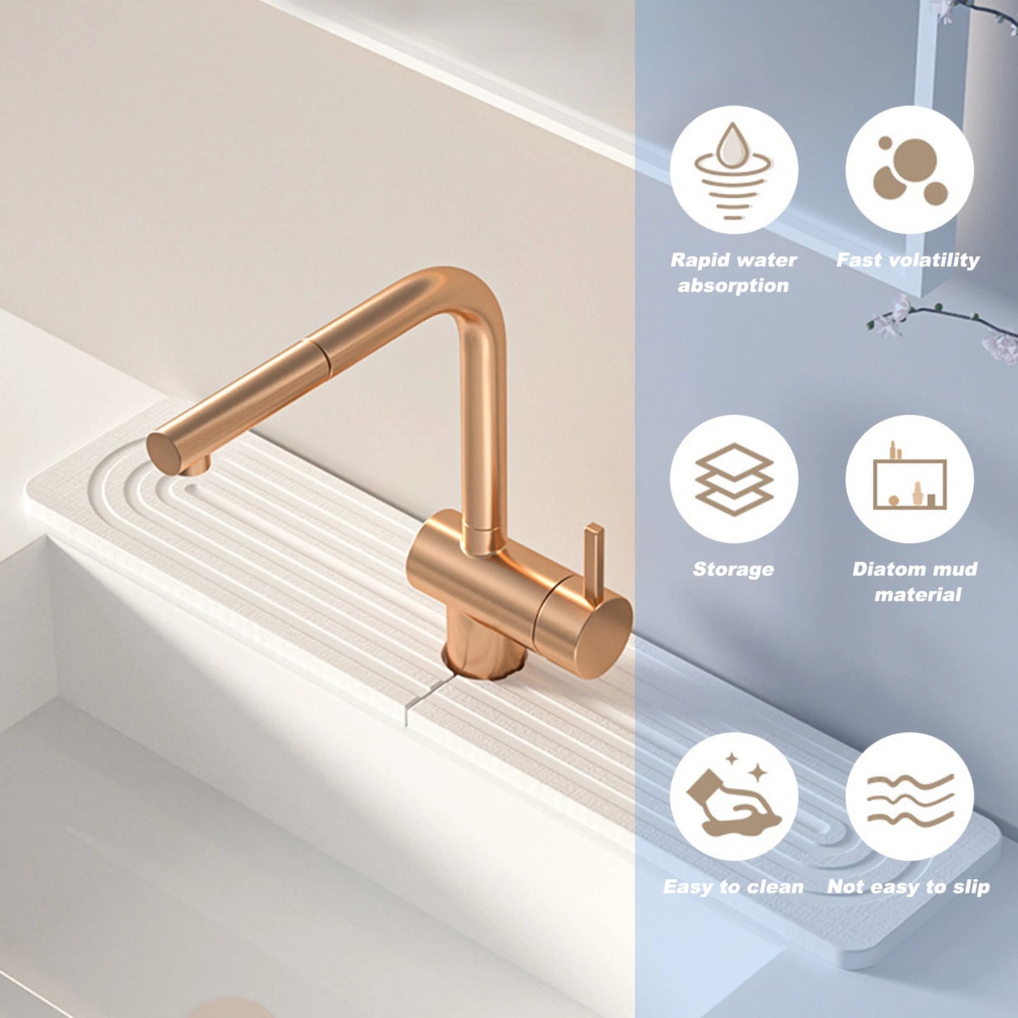 Quick Dry Diatomaceous Earth Faucet Mat for Kitchen Sink, Absorbent Sink Splash Guard Tray (White, 15.5x4 inches)