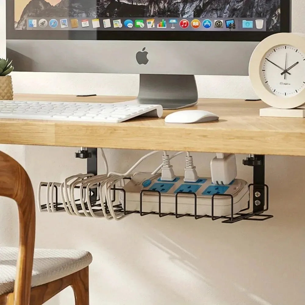 1pc Under Table Storage Rack Metal Cable Management Tray Home Office Desk Wire Organizer No Punching Kitchen Storage Accessories