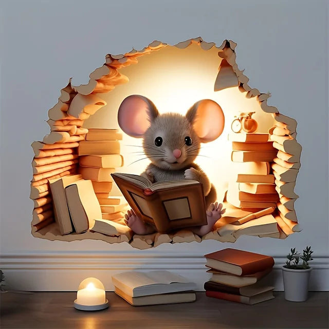 3D Reading Mouse Wall Stickers Cute Cartoon Animal Pattern Vinyl Decals Living Room Bedroom Bathroom Office Home Decoration