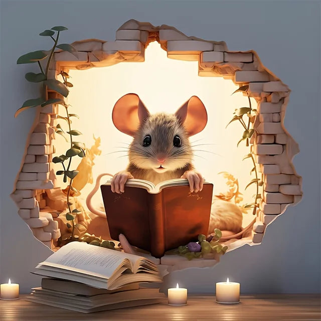 3D Reading Mouse Wall Stickers Cute Cartoon Animal Pattern Vinyl Decals Living Room Bedroom Bathroom Office Home Decoration