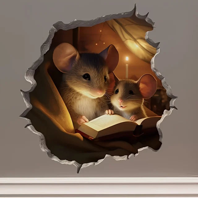 3D Reading Mouse Wall Stickers Cute Cartoon Animal Pattern Vinyl Decals Living Room Bedroom Bathroom Office Home Decoration