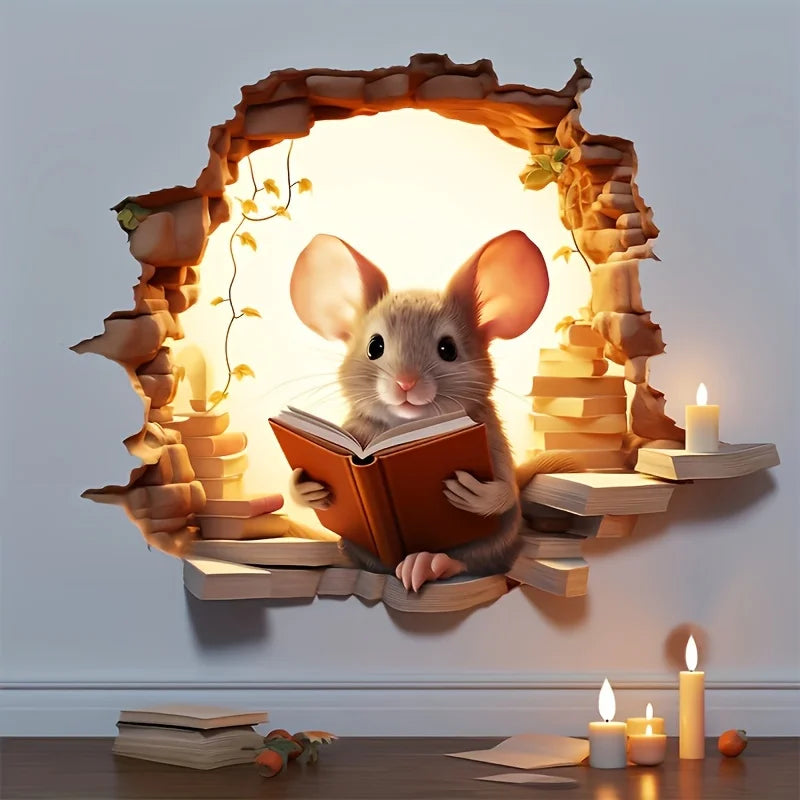 3D Reading Mouse Wall Stickers Cute Cartoon Animal Pattern Vinyl Decals Living Room Bedroom Bathroom Office Home Decoration