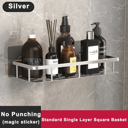 Bathroom Shelf No Drilling Sticker Wall Mounted Rack Hanger Space Aluminum Makeup Organizer Storage Square Basket Bath Shelves