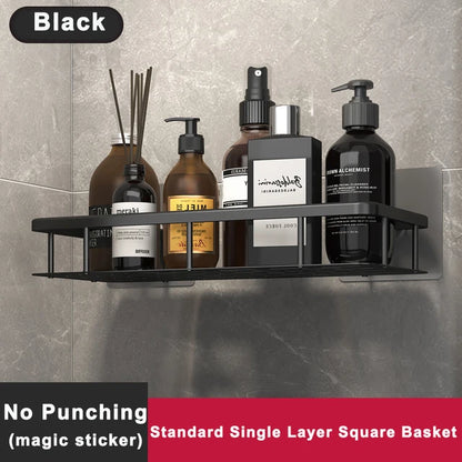 Bathroom Shelf No Drilling Sticker Wall Mounted Rack Hanger Space Aluminum Makeup Organizer Storage Square Basket Bath Shelves
