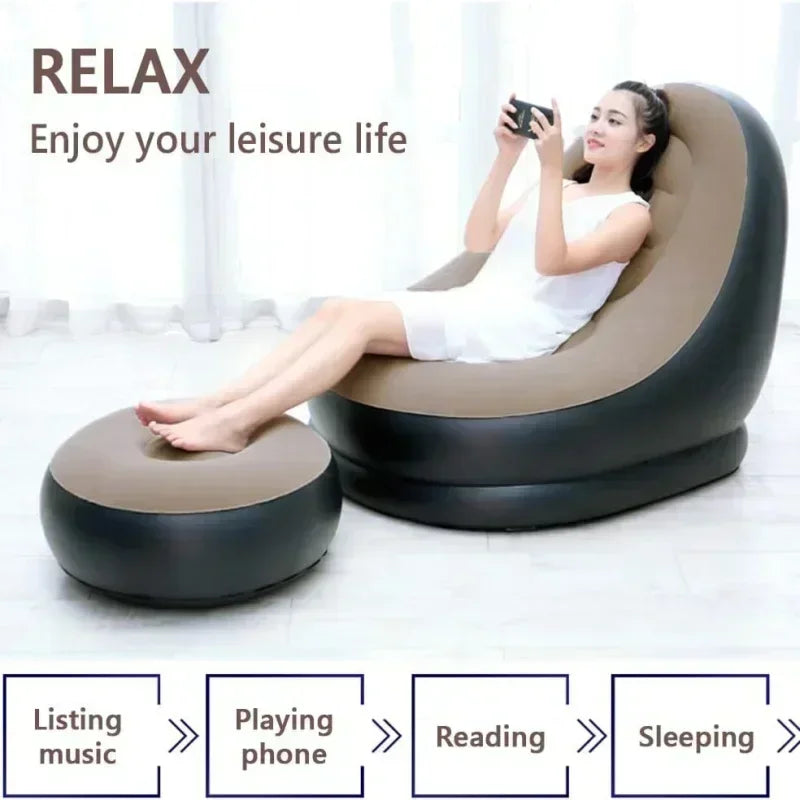 Lazy Couch Sofas Inflatable Foldable Recliner Outdoor Sofa Bed with Stirrups Comfortable Combination Flocked Velvet Sofa Chair