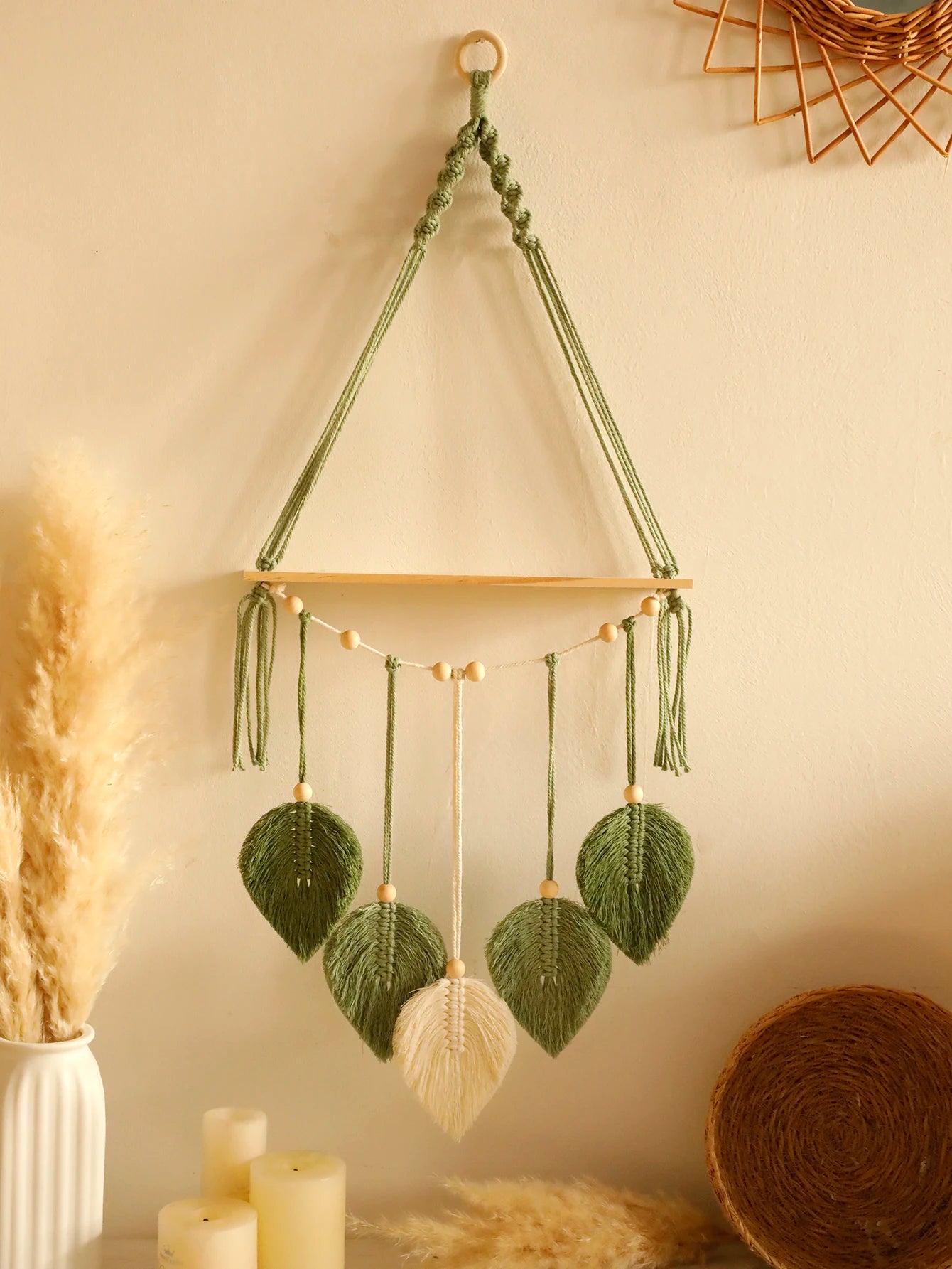 Leaf Macrame Floating Shelf Tapestry Art Hand Boho Home Decoration Wall Hanging Shelf for Bedroom Wall Decor Display Stand Gift