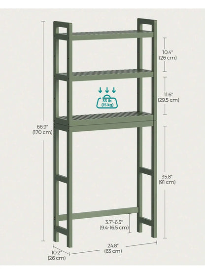 SONGMICS Over The Toilet Storage, 3-Tier Bamboo Over Toilet Rack Bathroom Organizer With Adjustable Shelf, Fit Most Toilets,