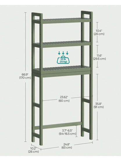 SONGMICS Over The Toilet Storage, 3-Tier Bamboo Over Toilet Rack Bathroom Organizer With Adjustable Shelf, Fit Most Toilets,
